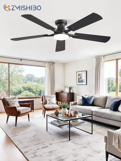 52" Low Profile Ceiling Fan with Light & Remote, Flush Mount LED Fan with App Control, Dimmable, Reversible DC Motor, Black – Albertine