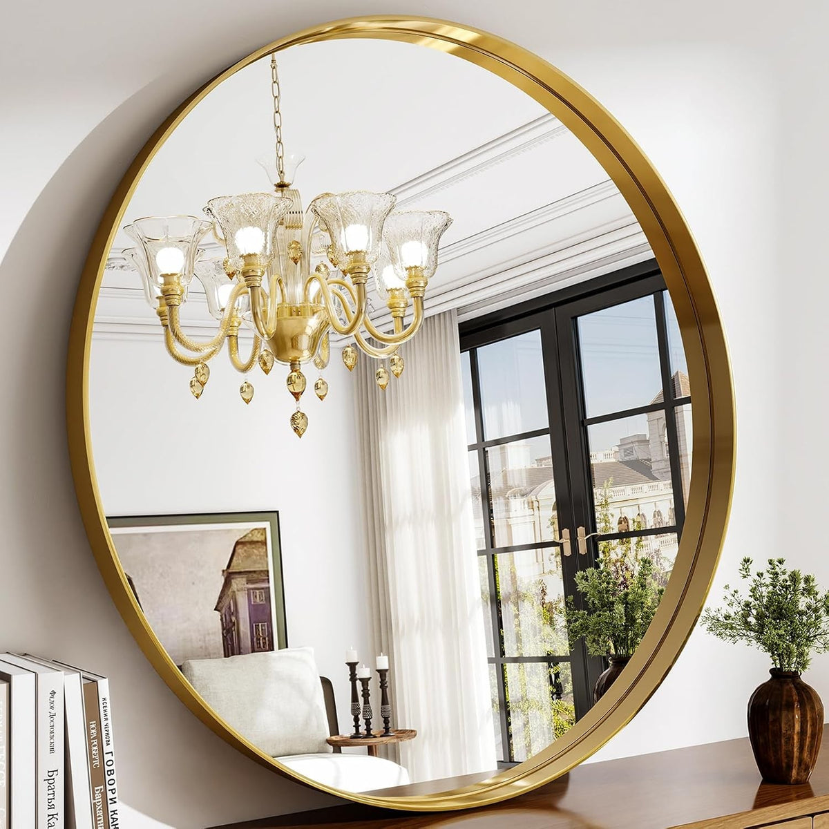 Allegra 36" Round Gold Metal Frame Wall Mirror