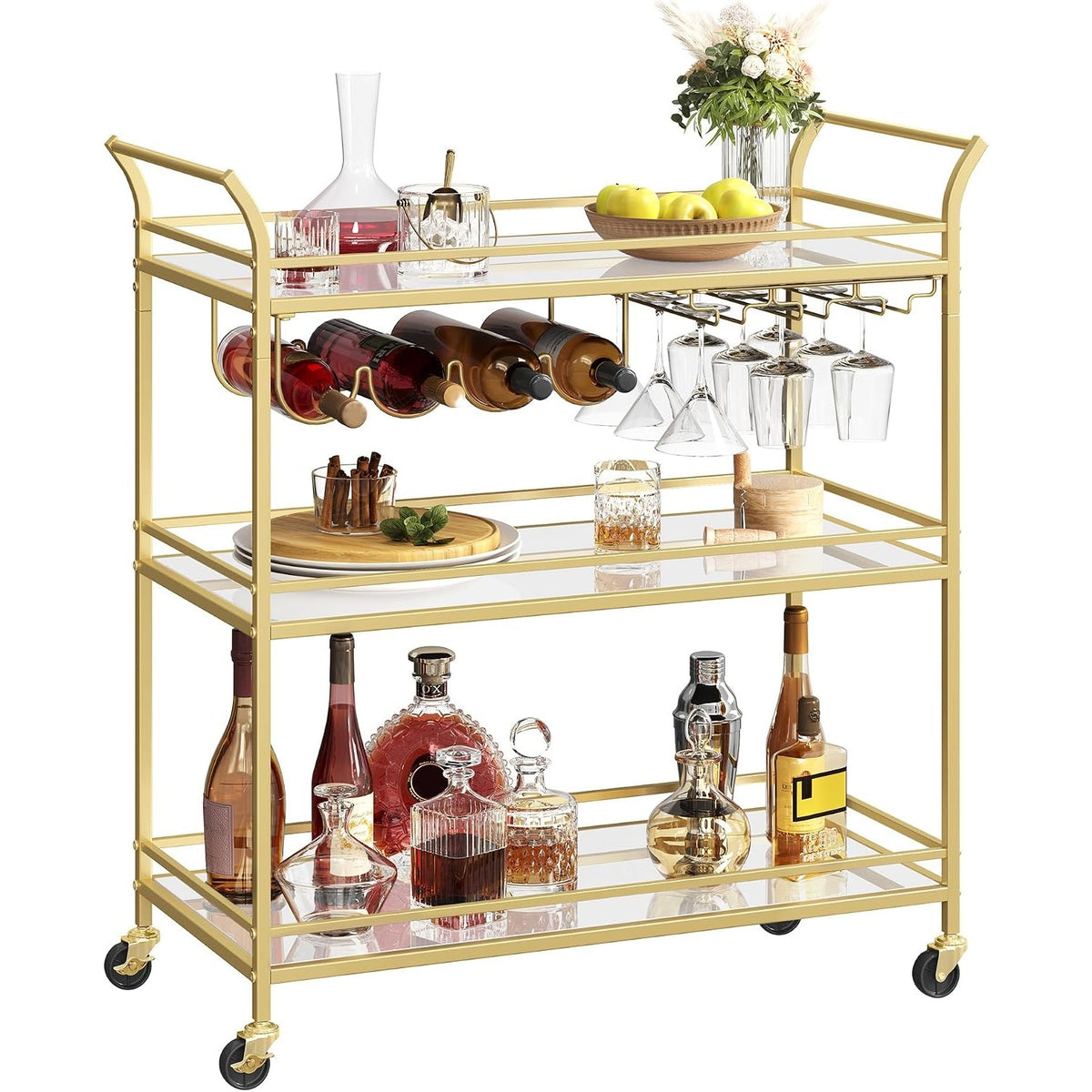 Valentina 3-Tier Gold Bar Cart with Mirrored Glass Shelves & Wine Rack