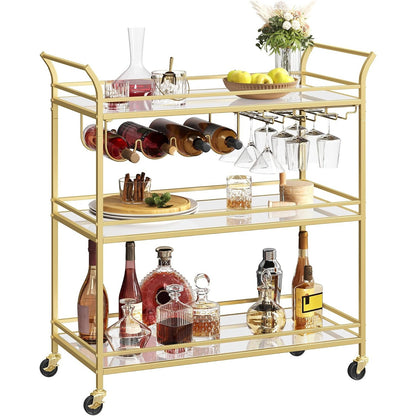 Valentina 3-Tier Gold Bar Cart with Mirrored Glass Shelves & Wine Rack