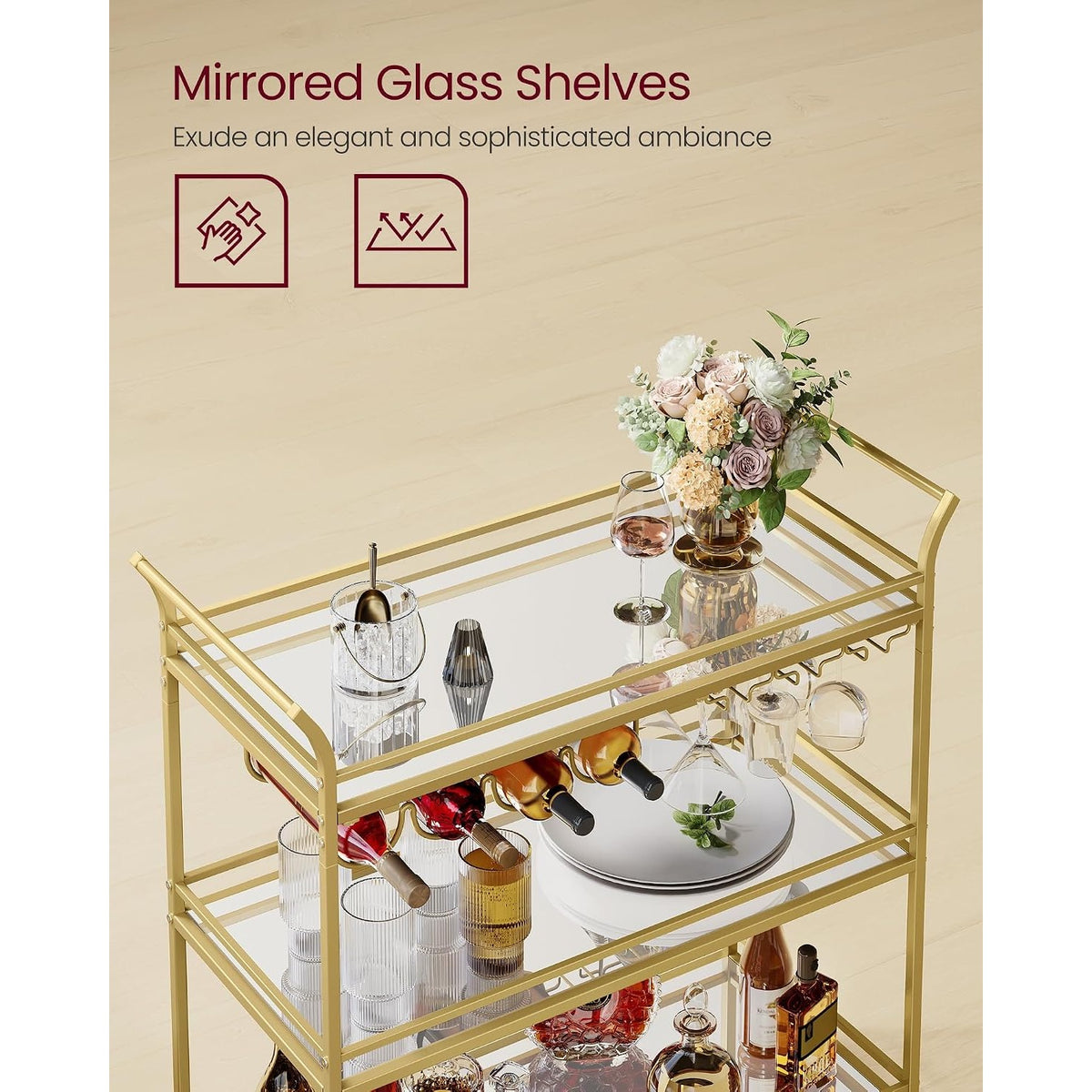 Valentina 3-Tier Gold Bar Cart with Mirrored Glass Shelves & Wine Rack