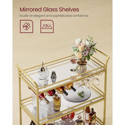 Valentina 3-Tier Gold Bar Cart with Mirrored Glass Shelves & Wine Rack