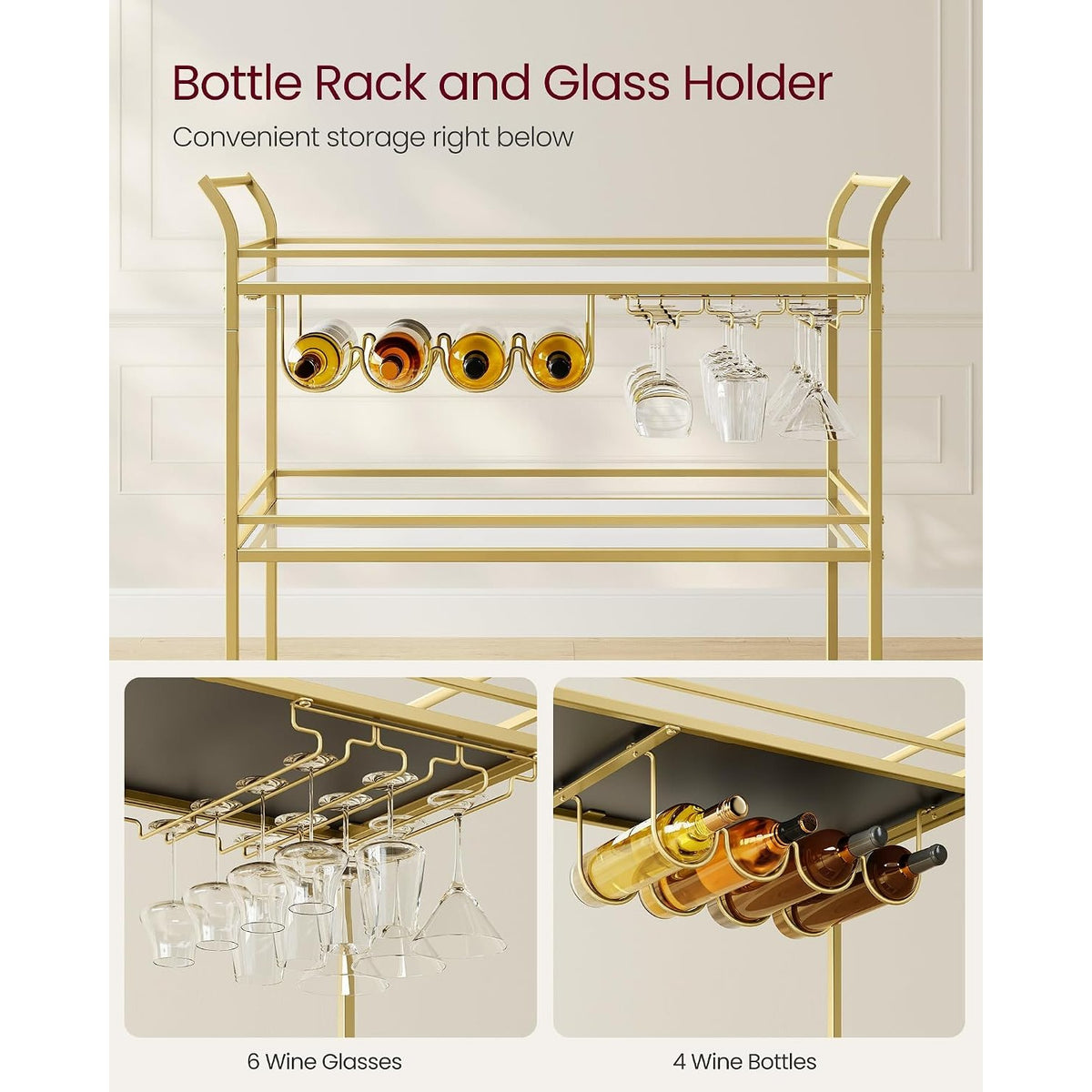 Valentina 3-Tier Gold Bar Cart with Mirrored Glass Shelves & Wine Rack