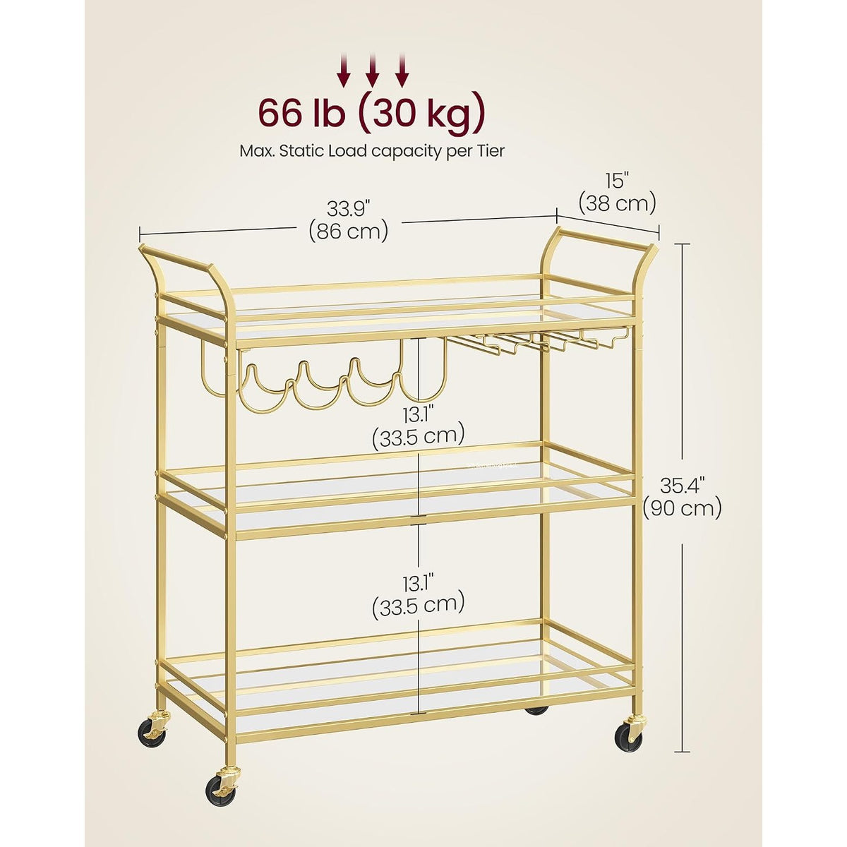 Valentina 3-Tier Gold Bar Cart with Mirrored Glass Shelves & Wine Rack