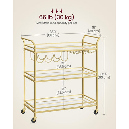 Valentina 3-Tier Gold Bar Cart with Mirrored Glass Shelves & Wine Rack