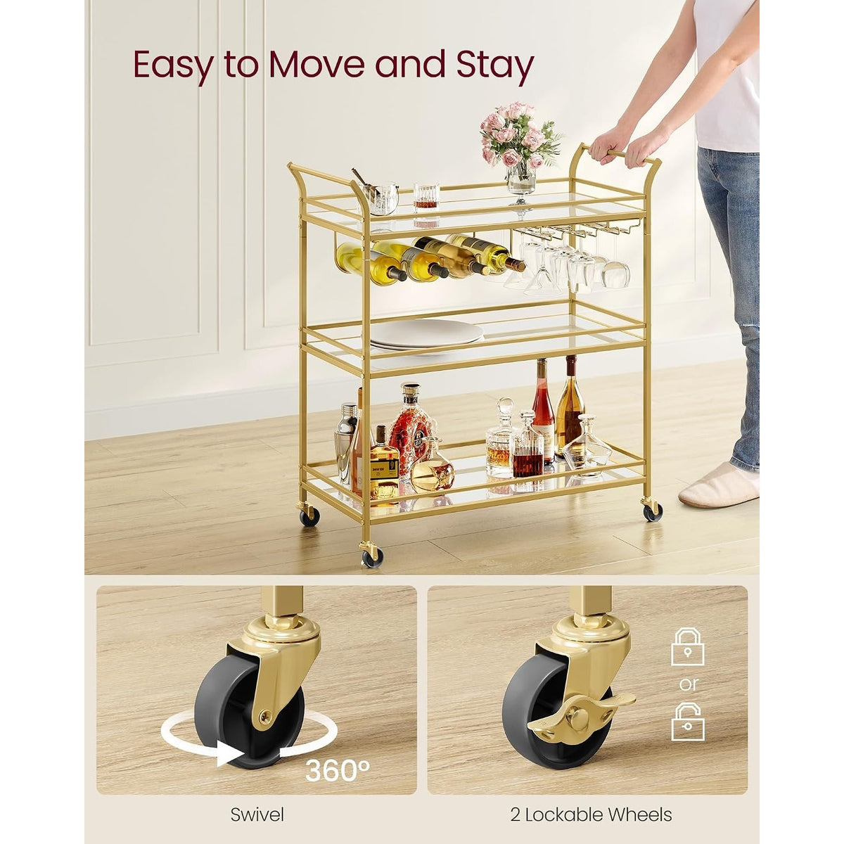 Valentina 3-Tier Gold Bar Cart with Mirrored Glass Shelves & Wine Rack