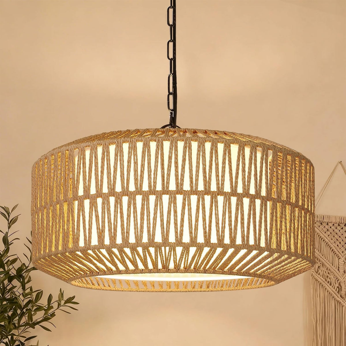 Leocadia 19" 5-Light Hand-Woven Rattan Drum Chandelier