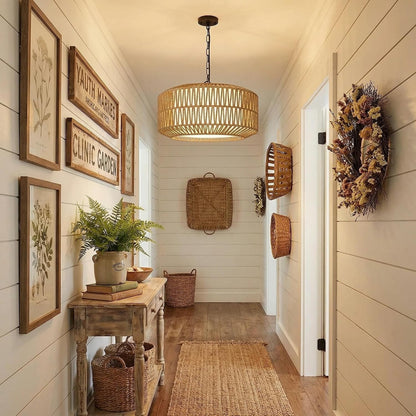 Leocadia 19" 5-Light Hand-Woven Rattan Drum Chandelier