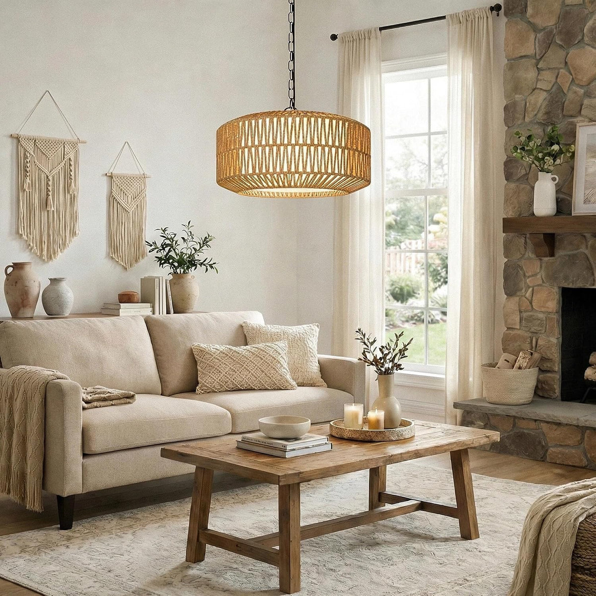 Leocadia 19" 5-Light Hand-Woven Rattan Drum Chandelier