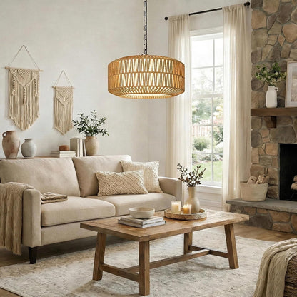 Leocadia 19" 5-Light Hand-Woven Rattan Drum Chandelier