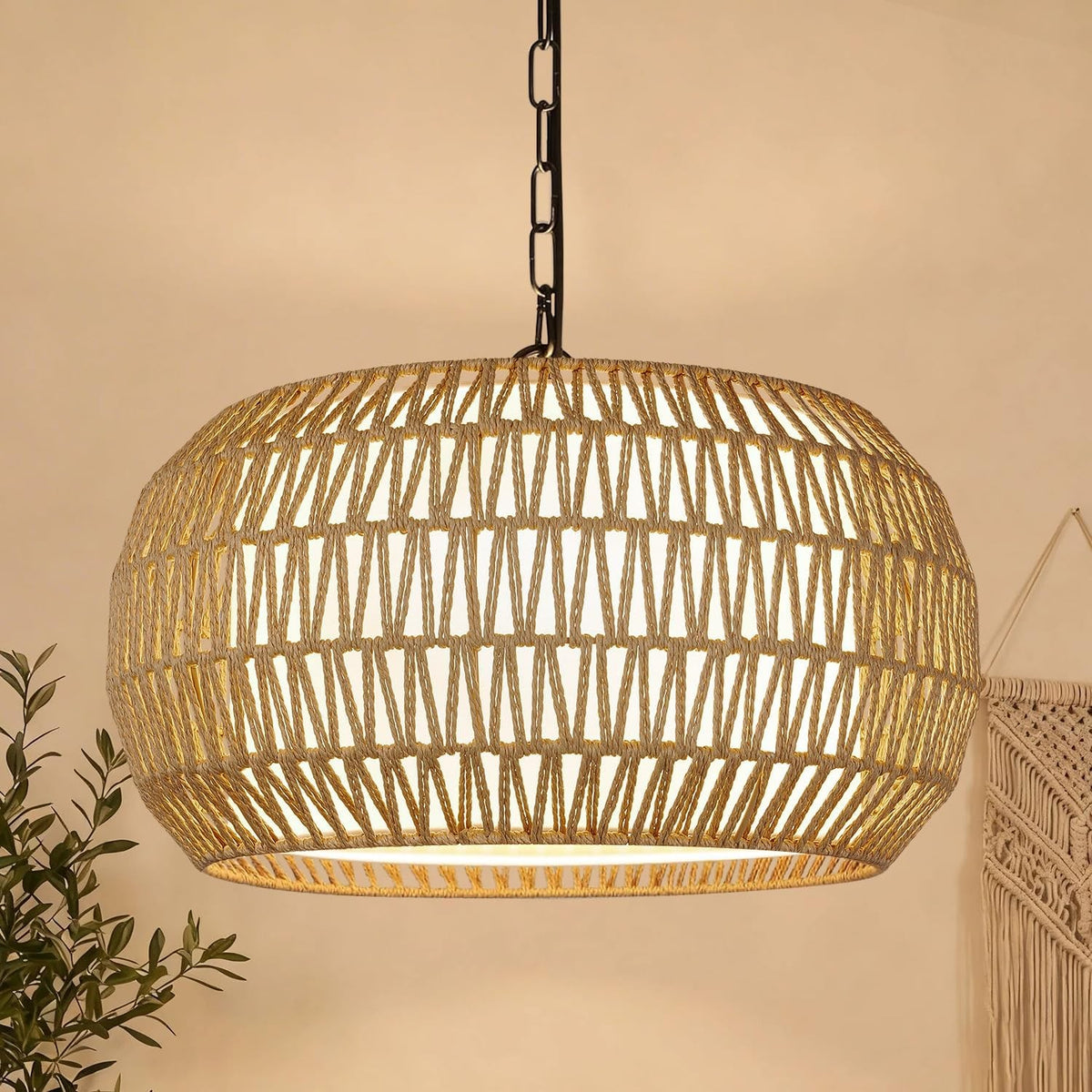 Leocadia 19" 5-Light Hand-Woven Rattan Drum Chandelier