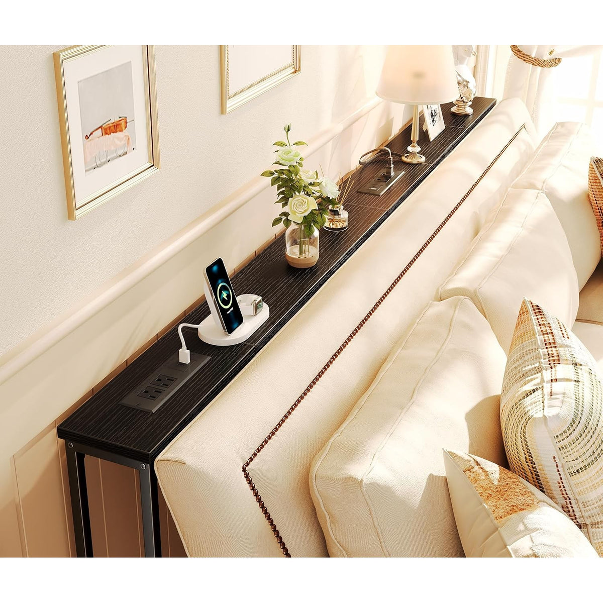 Noemi 78.8" Narrow Console Table with Outlets & USB-C, Black