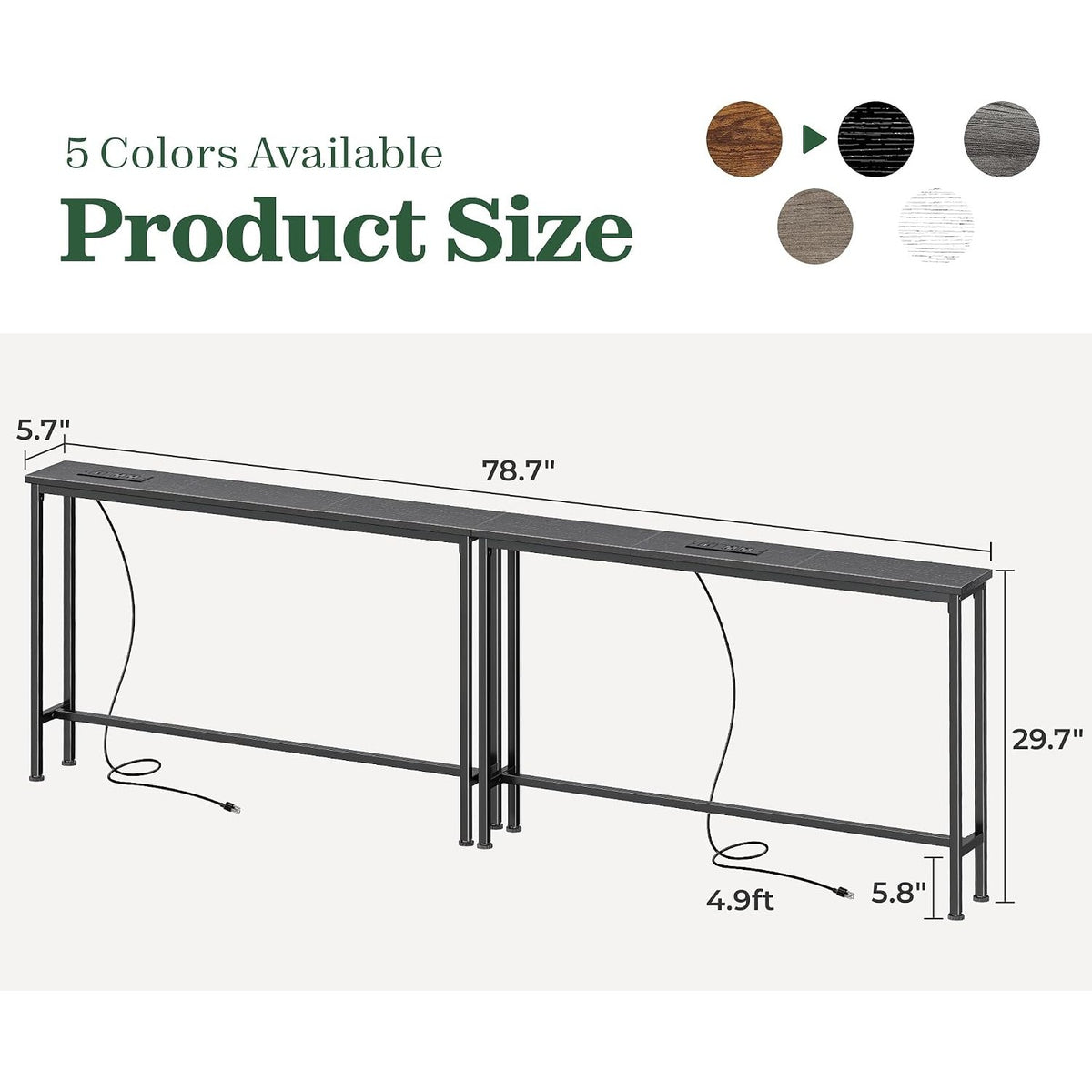 Noemi 78.8" Narrow Console Table with Outlets & USB-C, Black