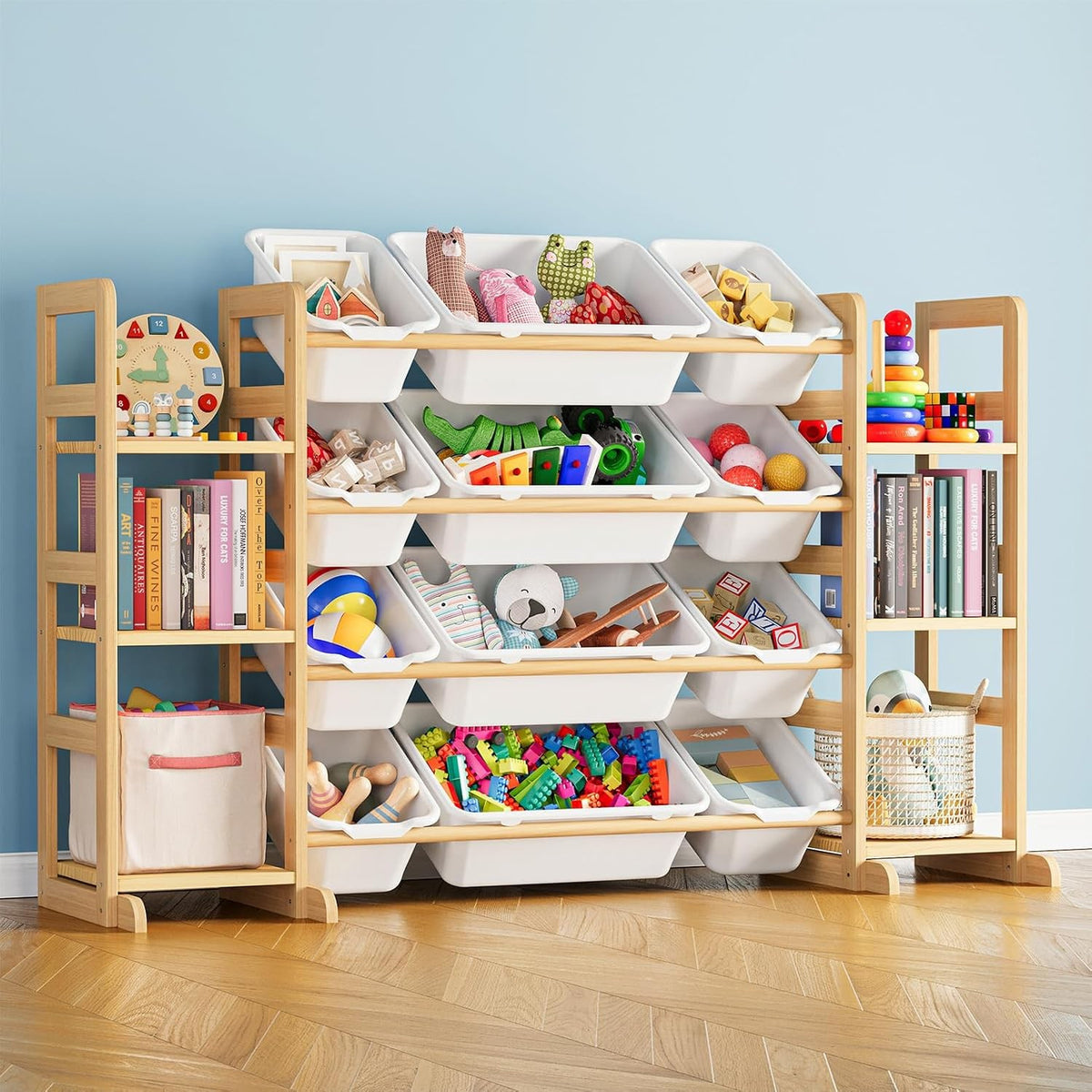 Rosabel Kids Toy Storage Organizer with 12 Bins & Side Bookshelves