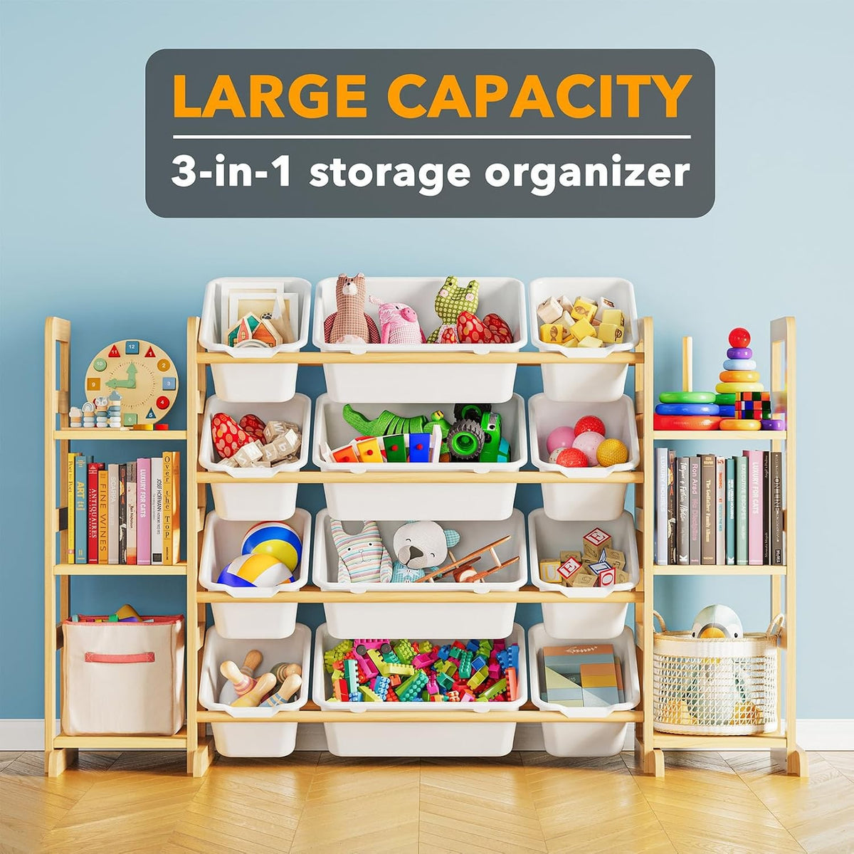 Rosabel Kids Toy Storage Organizer with 12 Bins & Side Bookshelves
