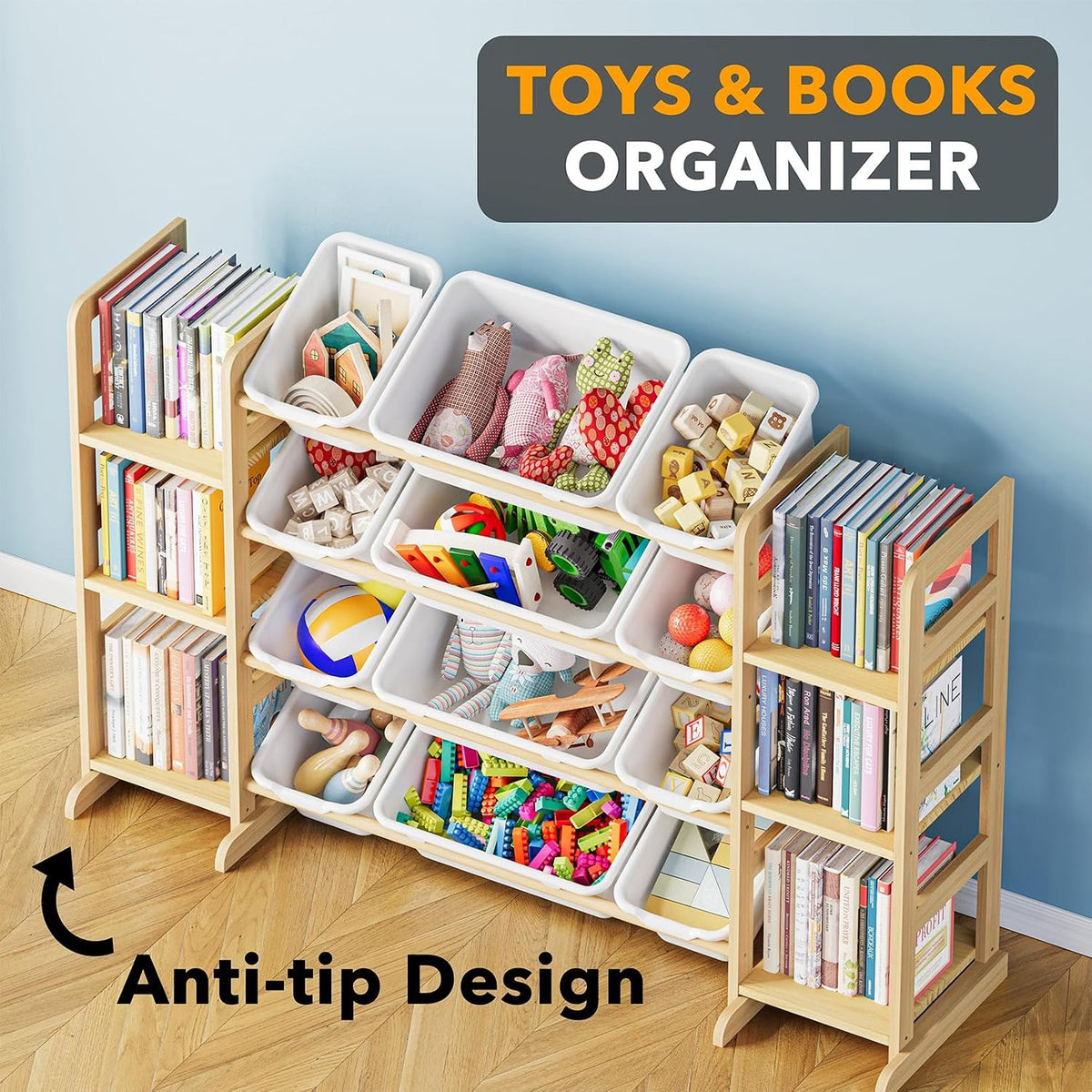 Rosabel Kids Toy Storage Organizer with 12 Bins & Side Bookshelves