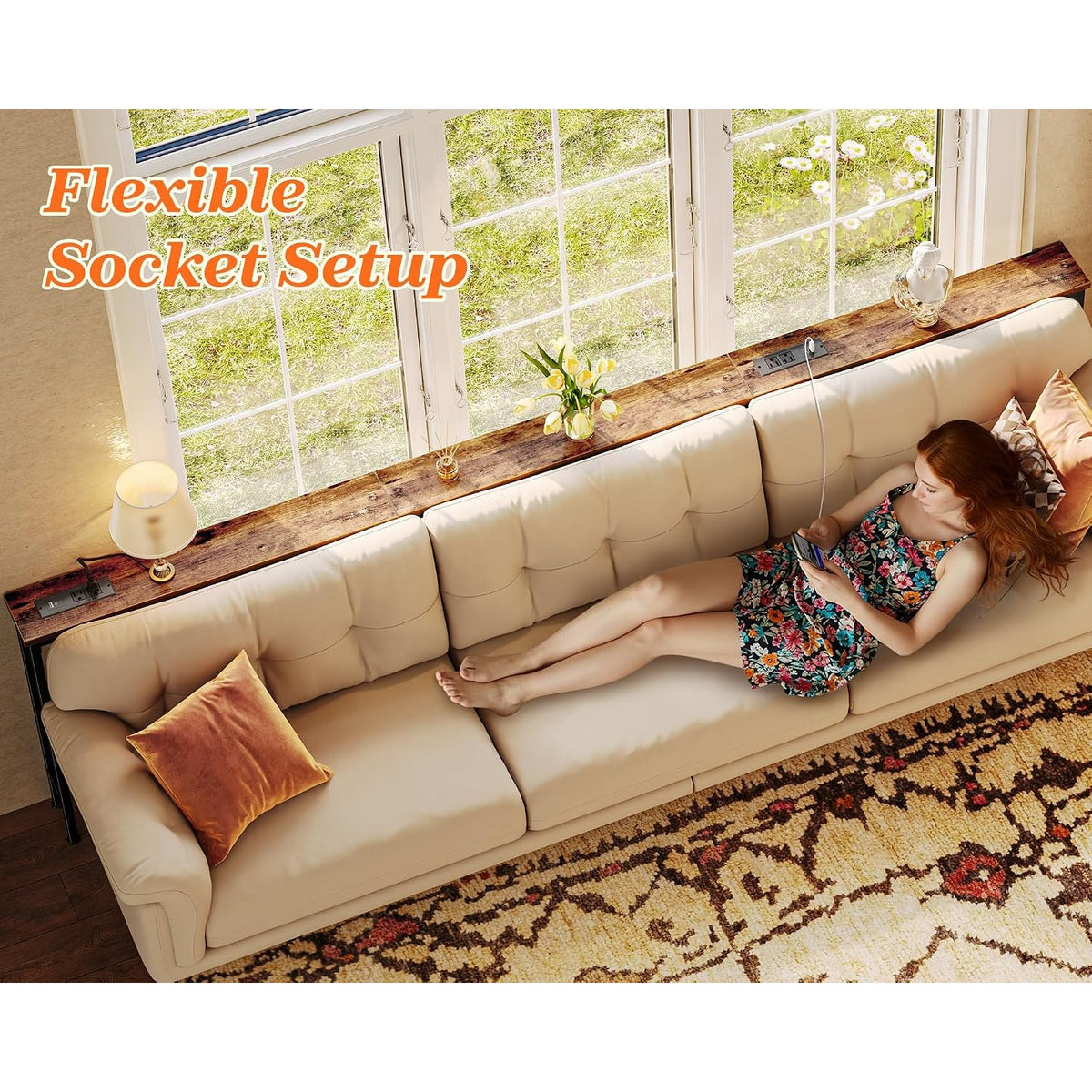 Rosemarie 102" Narrow Sofa Table with Outlets & USB-C, Rustic Brown