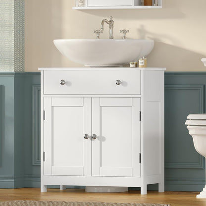 Pedestal Sink Storage Cabinet with Drawer & 2 Doors, 23.6" Under Sink Bathroom Cabinet with U-Shape Cutout, White – Clotilde