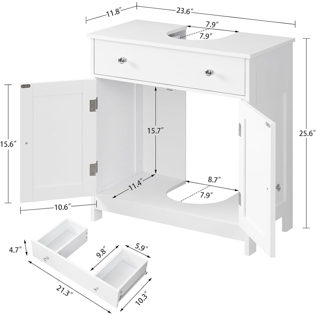 Pedestal Sink Storage Cabinet with Drawer & 2 Doors, 23.6" Under Sink Bathroom Cabinet with U-Shape Cutout, White – Clotilde
