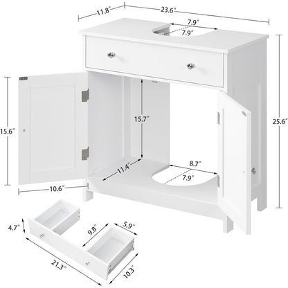 Pedestal Sink Storage Cabinet with Drawer & 2 Doors, 23.6" Under Sink Bathroom Cabinet with U-Shape Cutout, White – Clotilde