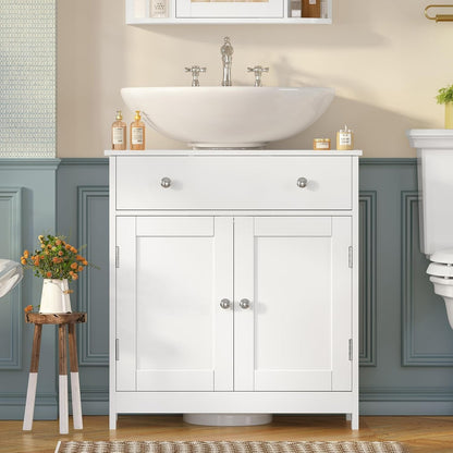 Pedestal Sink Storage Cabinet with Drawer & 2 Doors, 23.6" Under Sink Bathroom Cabinet with U-Shape Cutout, White – Clotilde