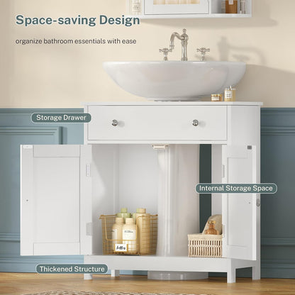 Pedestal Sink Storage Cabinet with Drawer & 2 Doors, 23.6" Under Sink Bathroom Cabinet with U-Shape Cutout, White – Clotilde