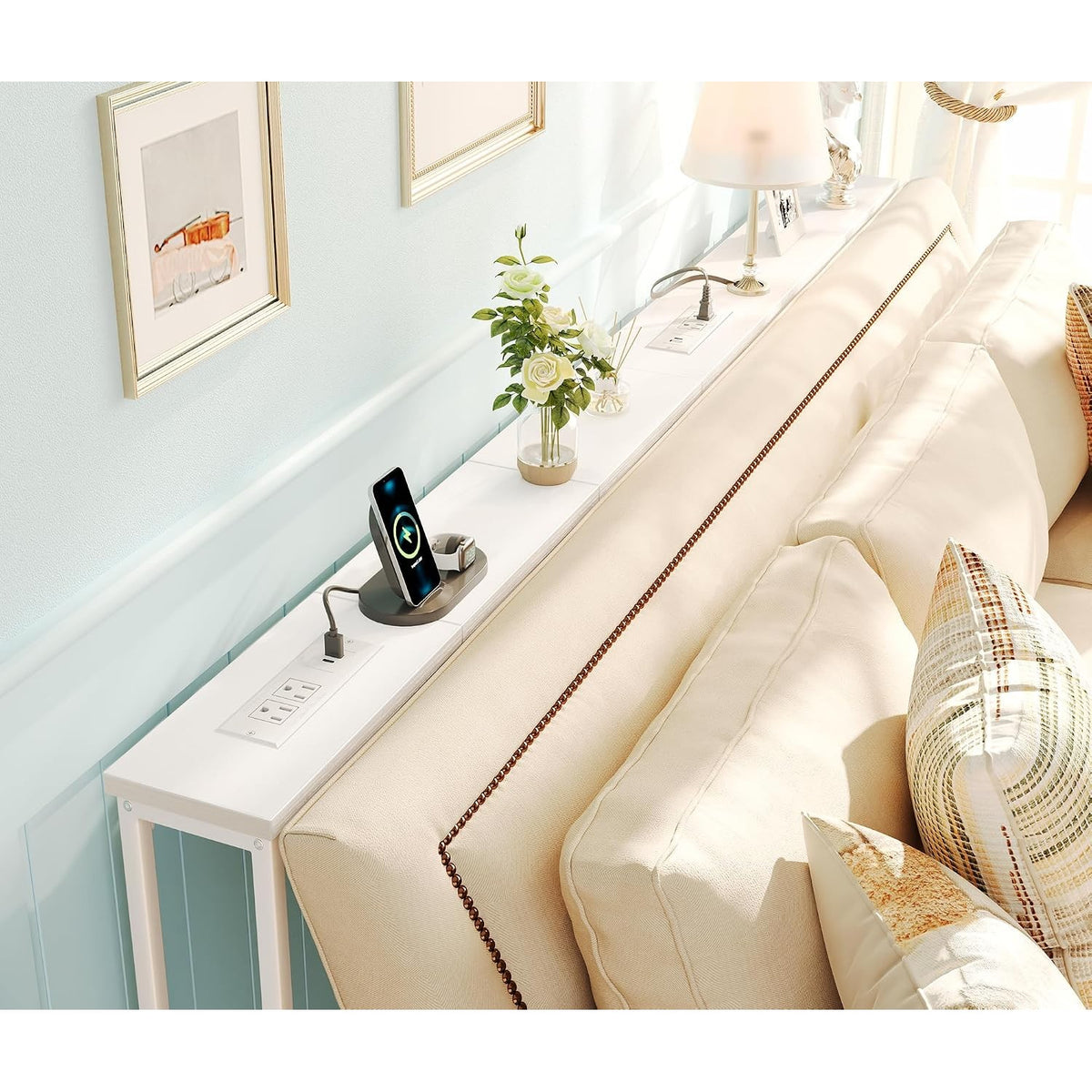 Blanche 78.8" Narrow Console Table with Outlets & USB-C, White