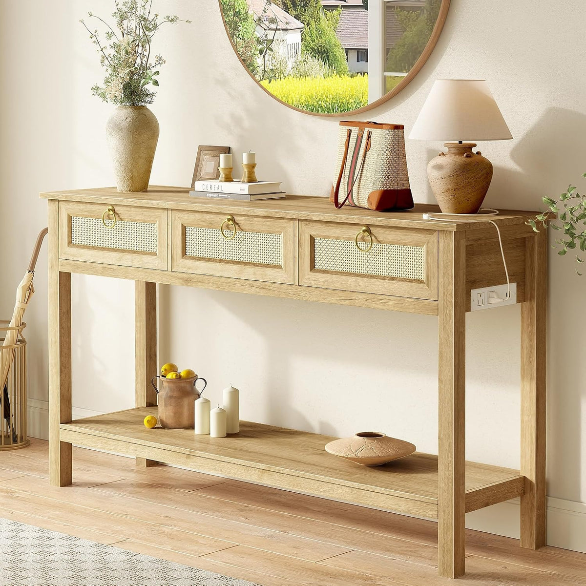 Annabel 47" Rattan Console Table with Outlets & 3 Drawers
