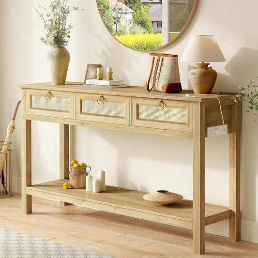 Annabel 47" Rattan Console Table with Outlets & 3 Drawers