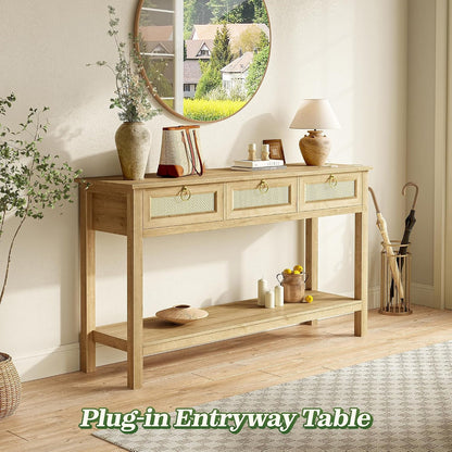 Annabel 47" Rattan Console Table with Outlets & 3 Drawers