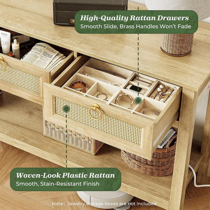 Annabel 47" Rattan Console Table with Outlets & 3 Drawers