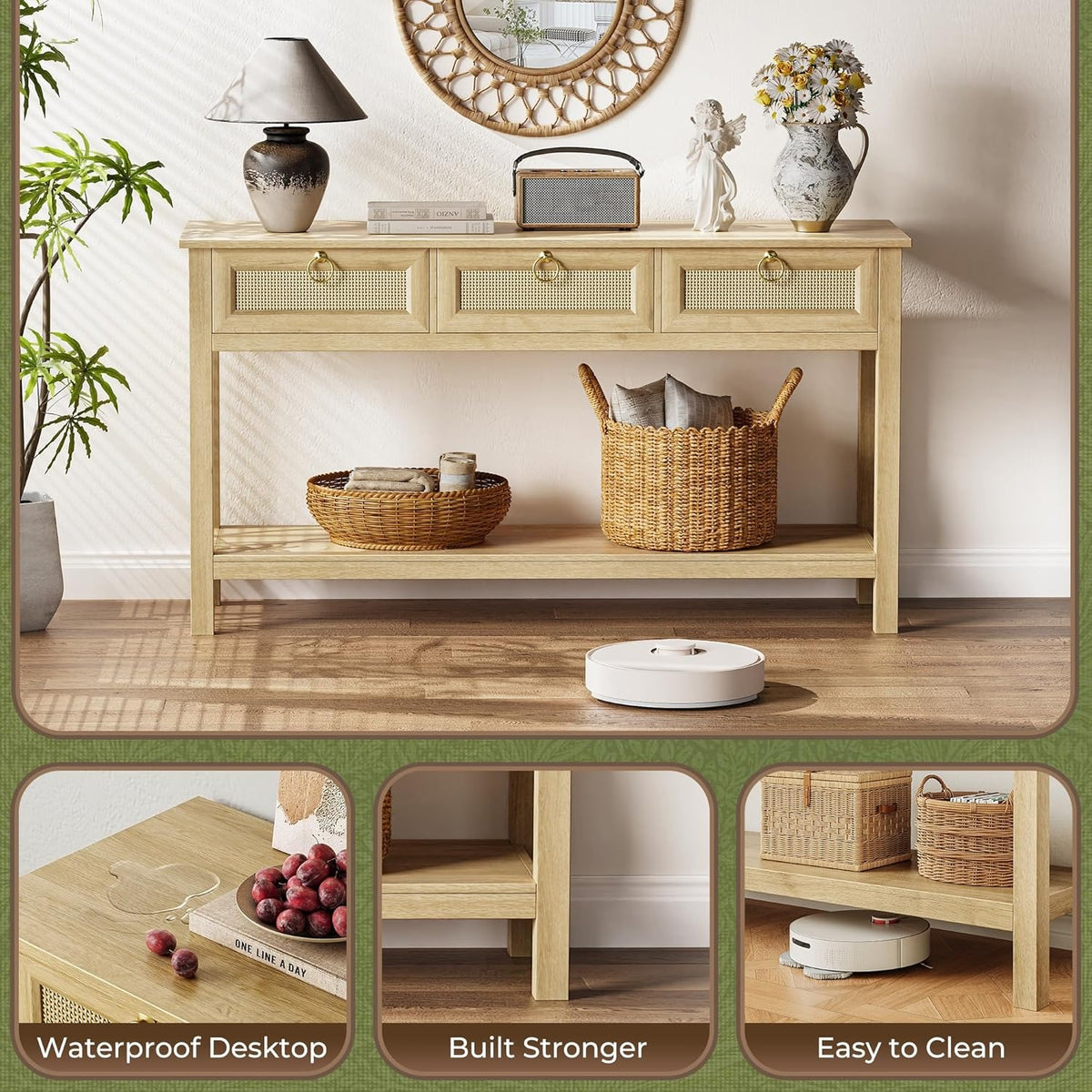 Annabel 47" Rattan Console Table with Outlets & 3 Drawers