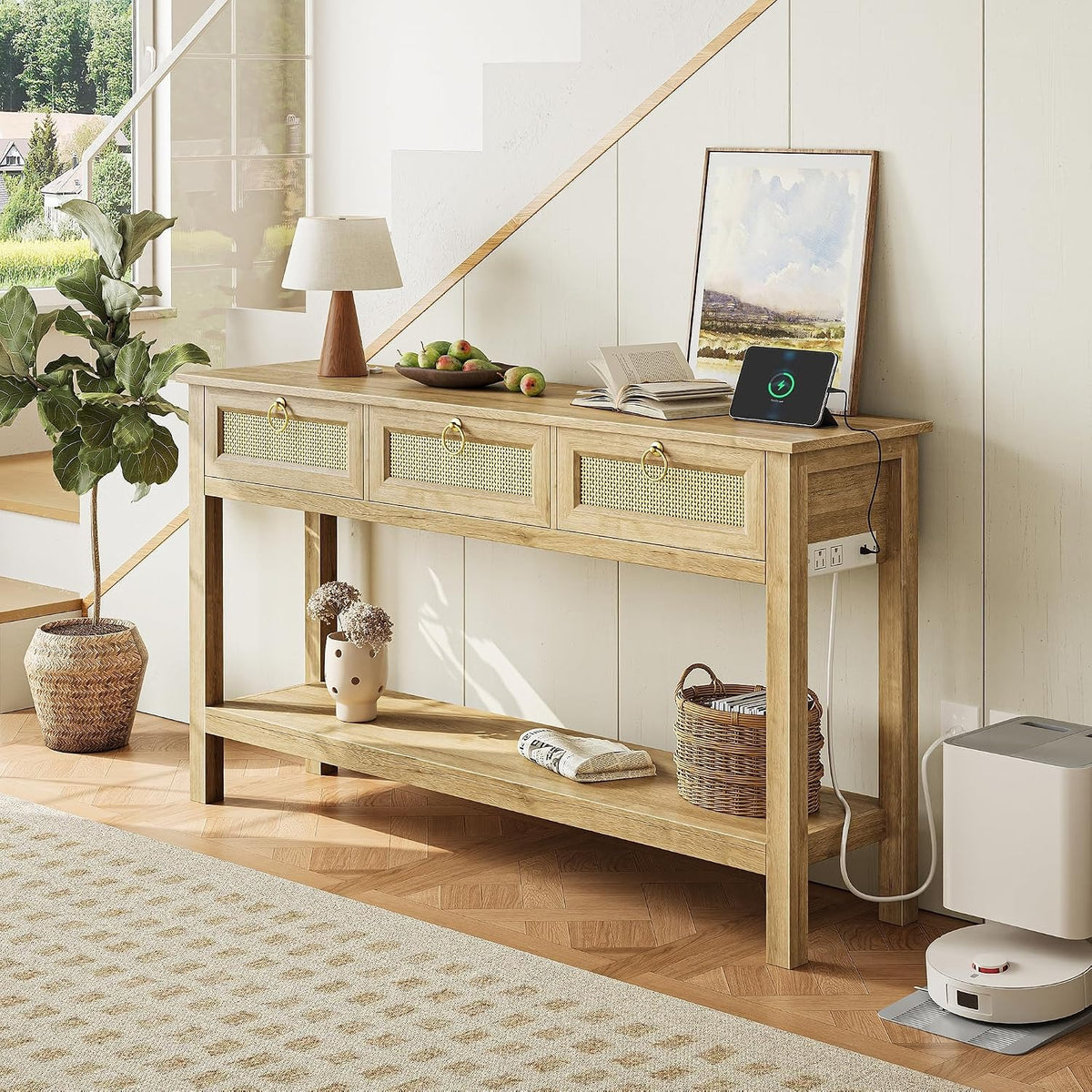 Annabel 47" Rattan Console Table with Outlets & 3 Drawers