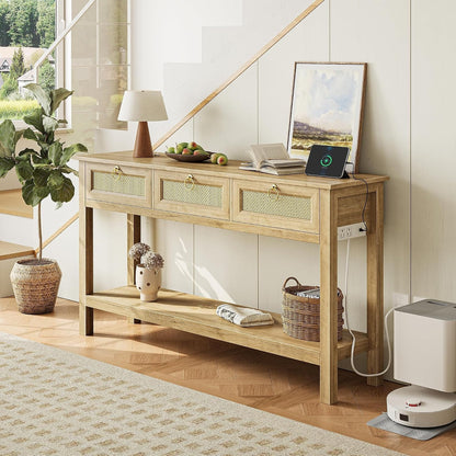 Annabel 47" Rattan Console Table with Outlets & 3 Drawers