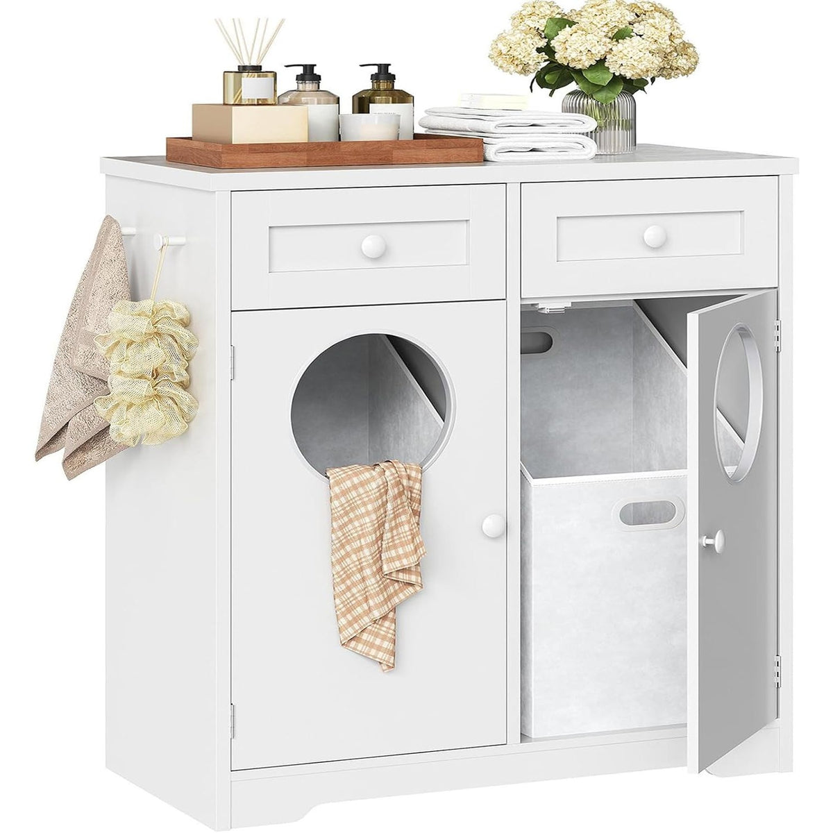 Domenica Double Laundry Hamper Cabinet with 2 Drawers & Toss-In Openings, White