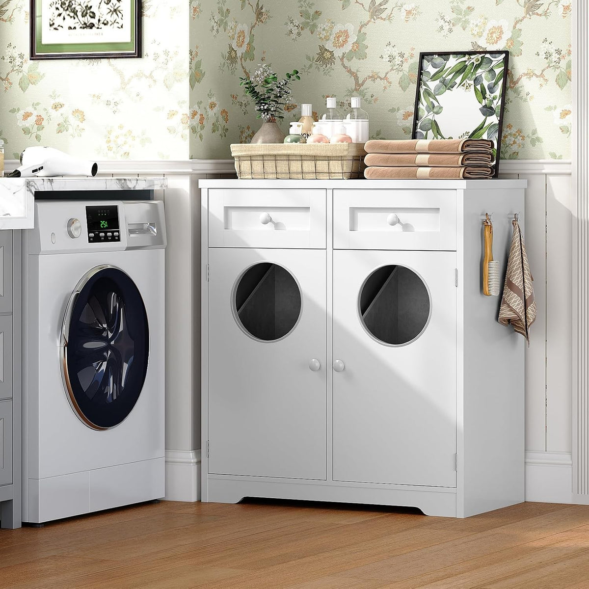 Domenica Double Laundry Hamper Cabinet with 2 Drawers & Toss-In Openings, White