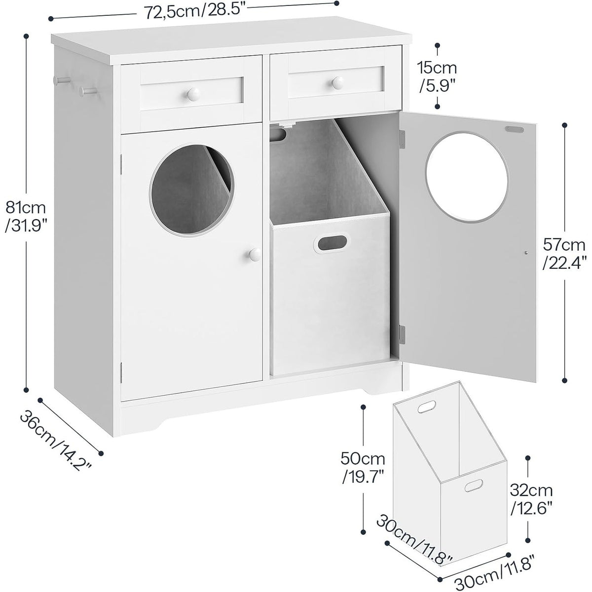 Domenica Double Laundry Hamper Cabinet with 2 Drawers & Toss-In Openings, White