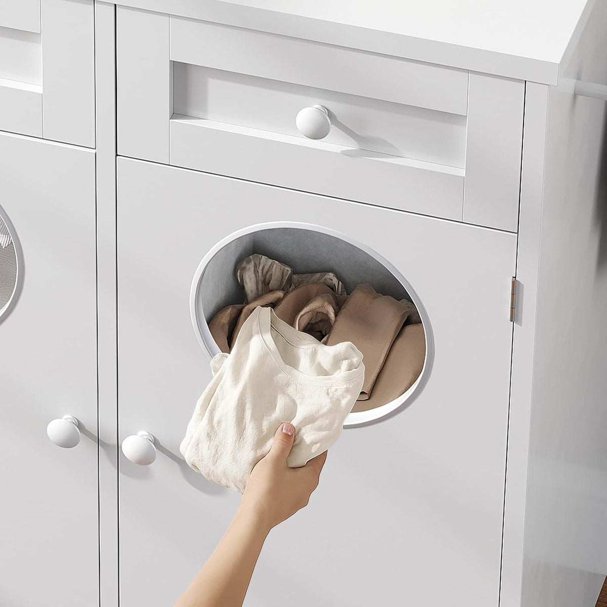 Domenica Double Laundry Hamper Cabinet with 2 Drawers & Toss-In Openings, White