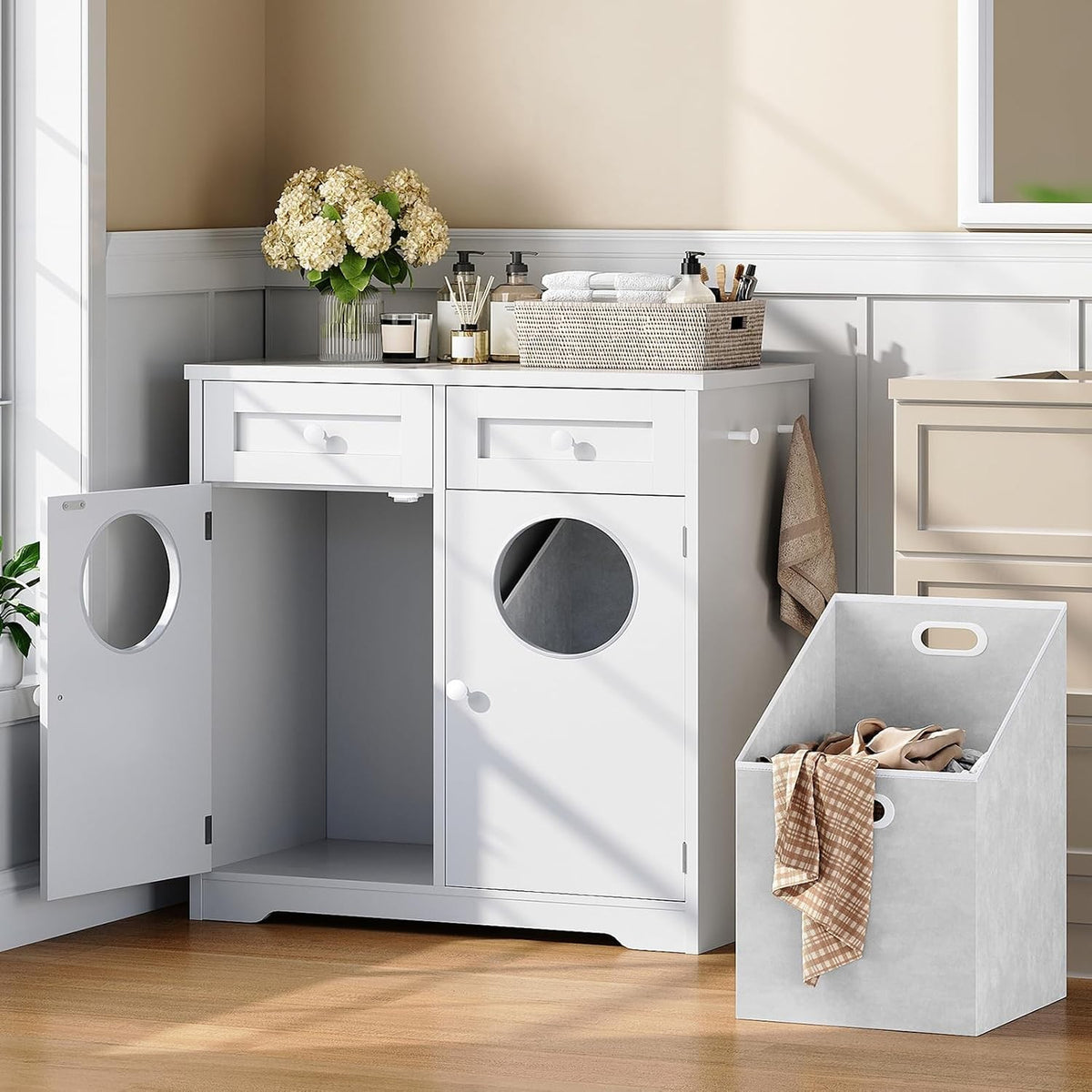 Domenica Double Laundry Hamper Cabinet with 2 Drawers & Toss-In Openings, White