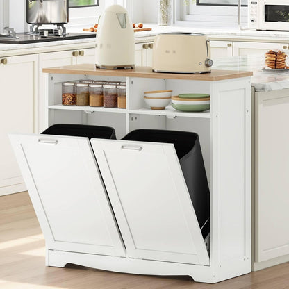 Thomasina Double Tilt-Out Trash Can Cabinet with Open Shelves, White & Oak