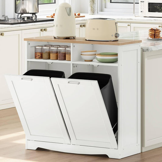Thomasina Double Tilt-Out Trash Can Cabinet with Open Shelves, White & Oak