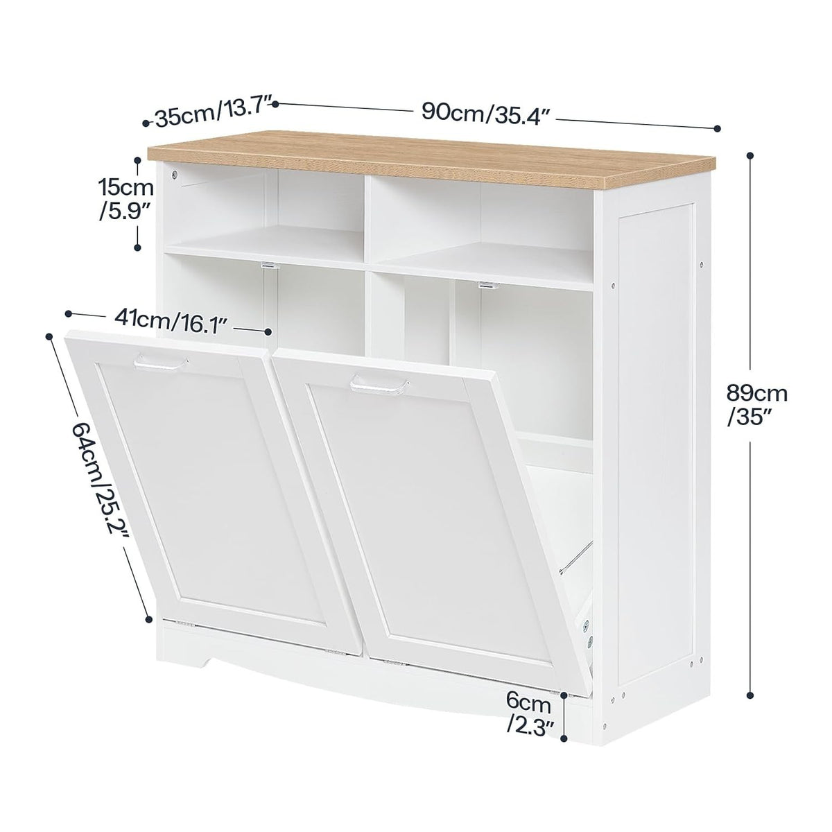 Thomasina Double Tilt-Out Trash Can Cabinet with Open Shelves, White & Oak
