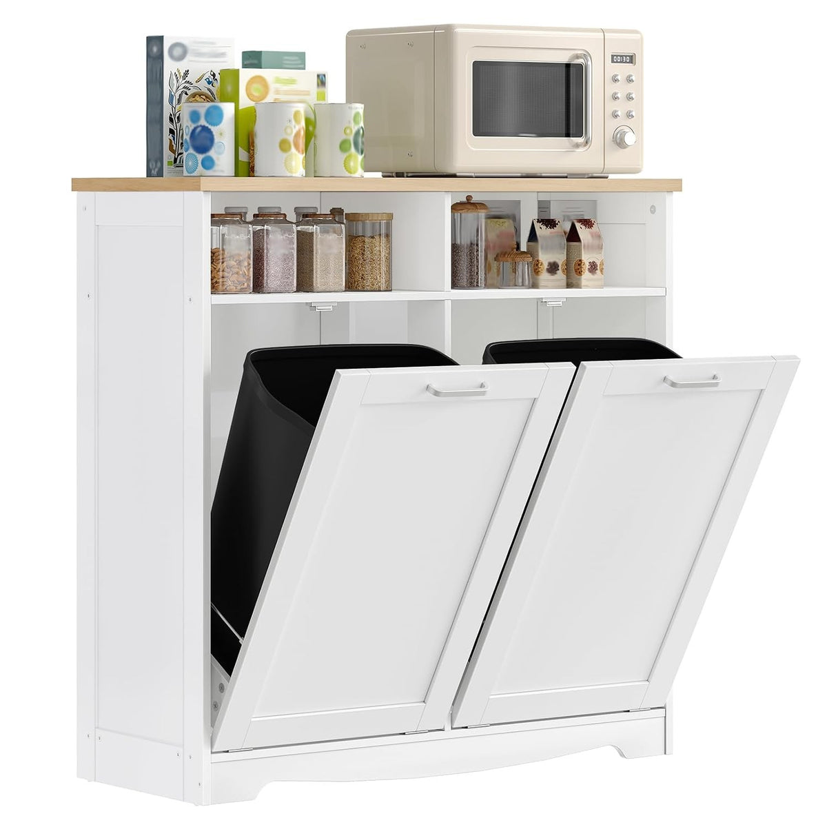 Thomasina Double Tilt-Out Trash Can Cabinet with Open Shelves, White & Oak