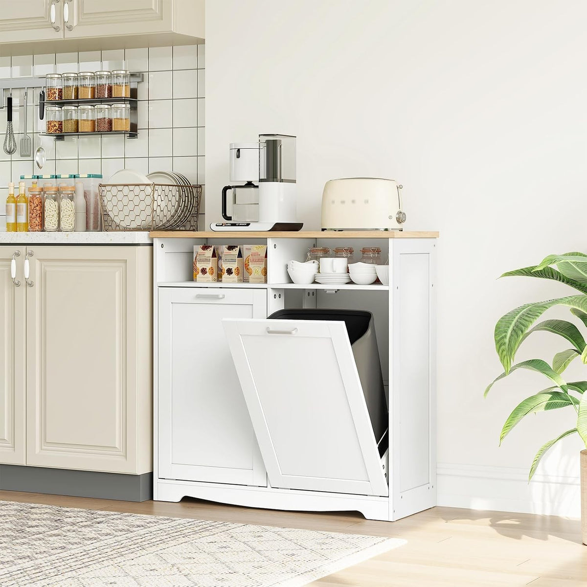 Thomasina Double Tilt-Out Trash Can Cabinet with Open Shelves, White & Oak