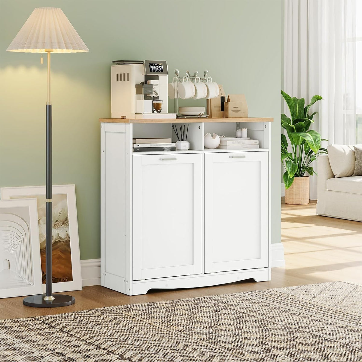 Thomasina Double Tilt-Out Trash Can Cabinet with Open Shelves, White & Oak