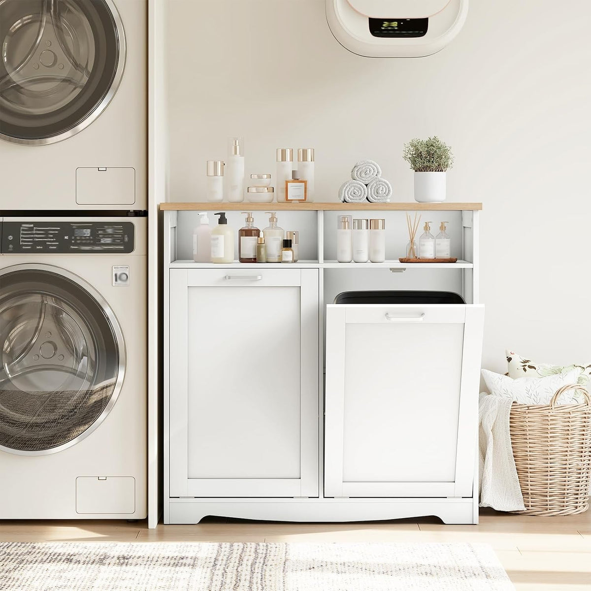 Thomasina Double Tilt-Out Trash Can Cabinet with Open Shelves, White & Oak