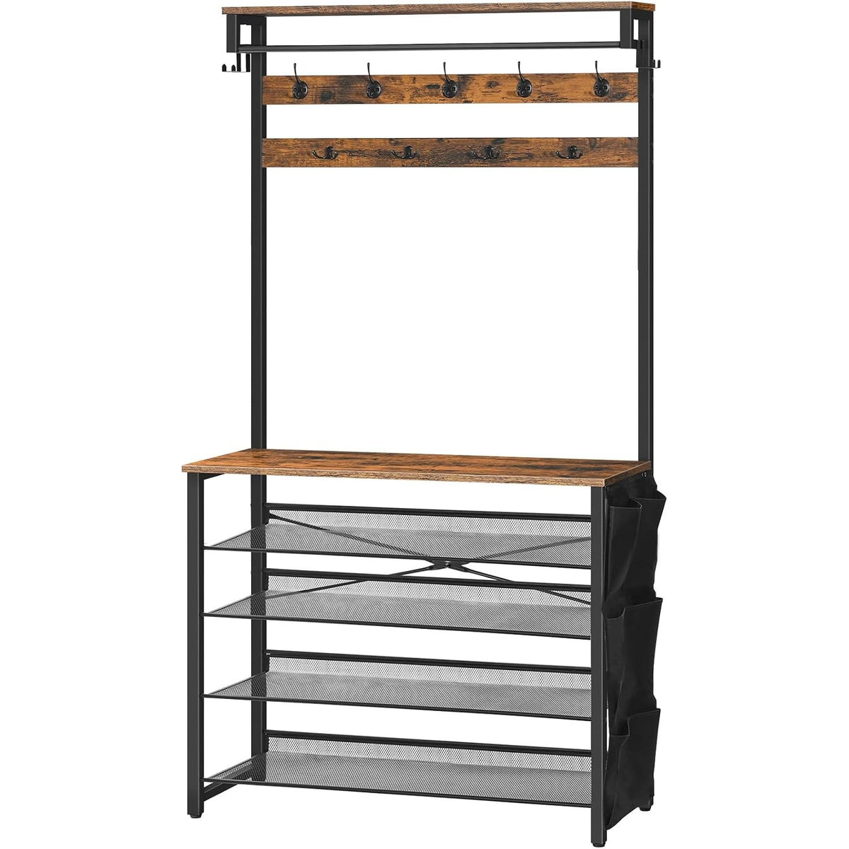 Hortense Hall Tree with Tilting Shoe Rack & Side Pocket Organizer, Rustic Brown