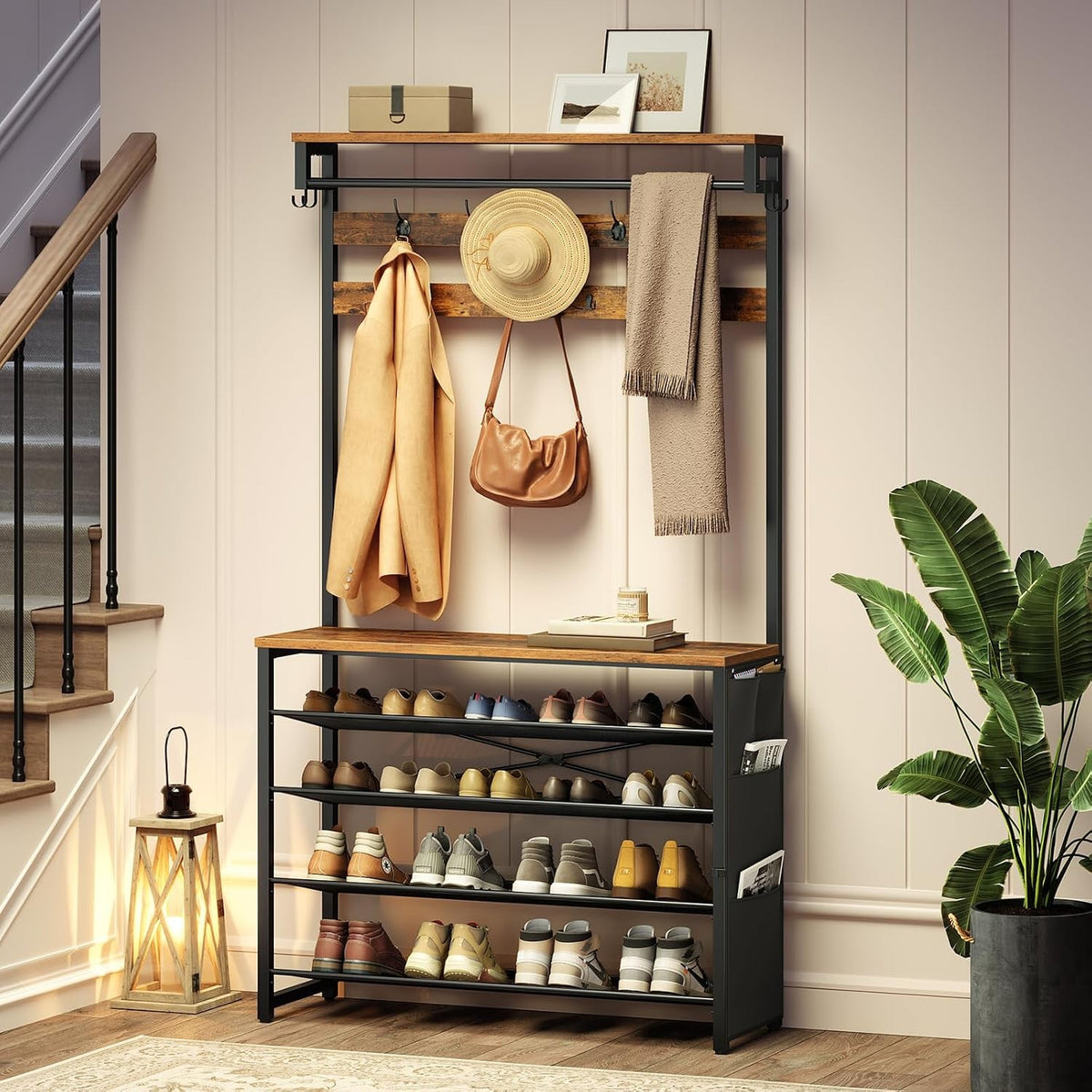Hortense Hall Tree with Tilting Shoe Rack & Side Pocket Organizer, Rustic Brown
