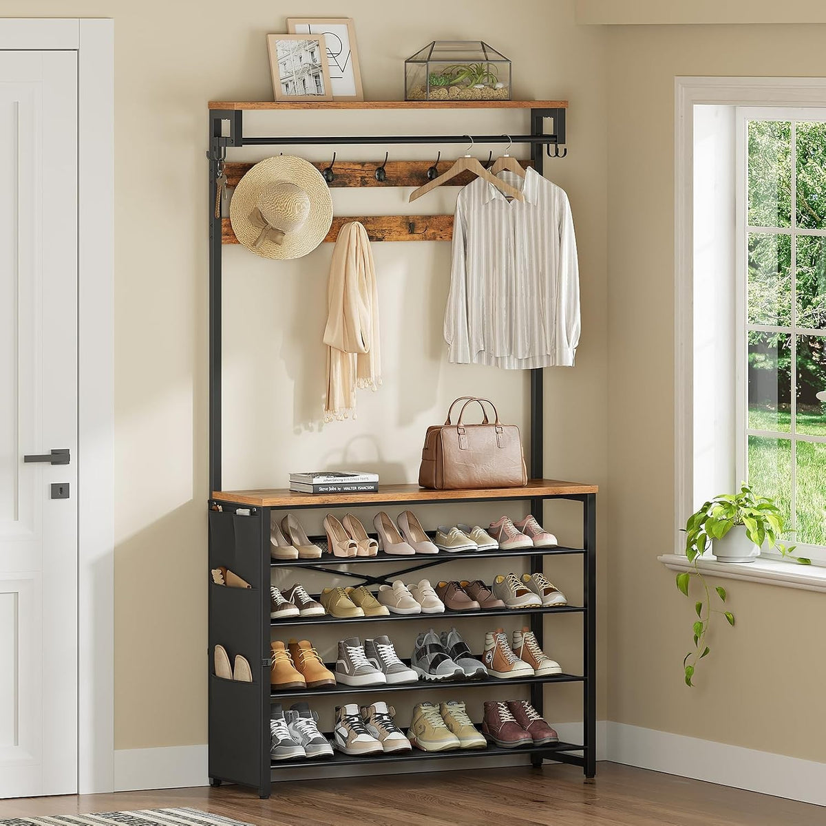Hortense Hall Tree with Tilting Shoe Rack & Side Pocket Organizer, Rustic Brown
