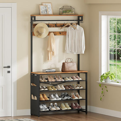 Hortense Hall Tree with Tilting Shoe Rack & Side Pocket Organizer, Rustic Brown